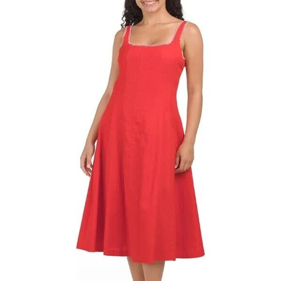 Caroline Constas womens Linen Blend Fit & Flare Midi Dress size 8 Red Whipstitch - Picture 1 of 8